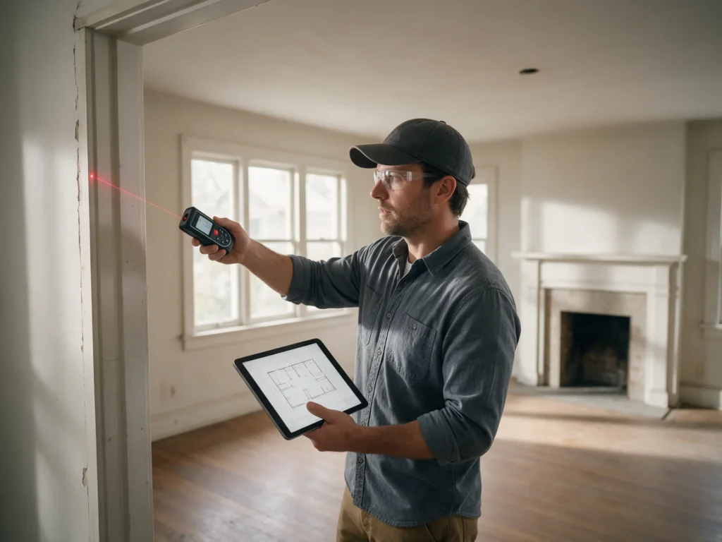 Professional measuring an existing house interior with a laser distance meter and a tablet showing a floor plan sketch, empty living room ready for remodel, rea