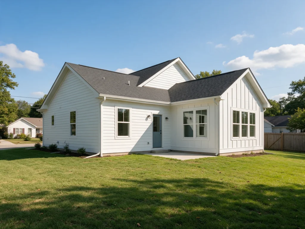 Bright modern single-story American family home with a newly built addition, fresh siding and windows, green lawn, realistic photography, sunny afternoon, no pe