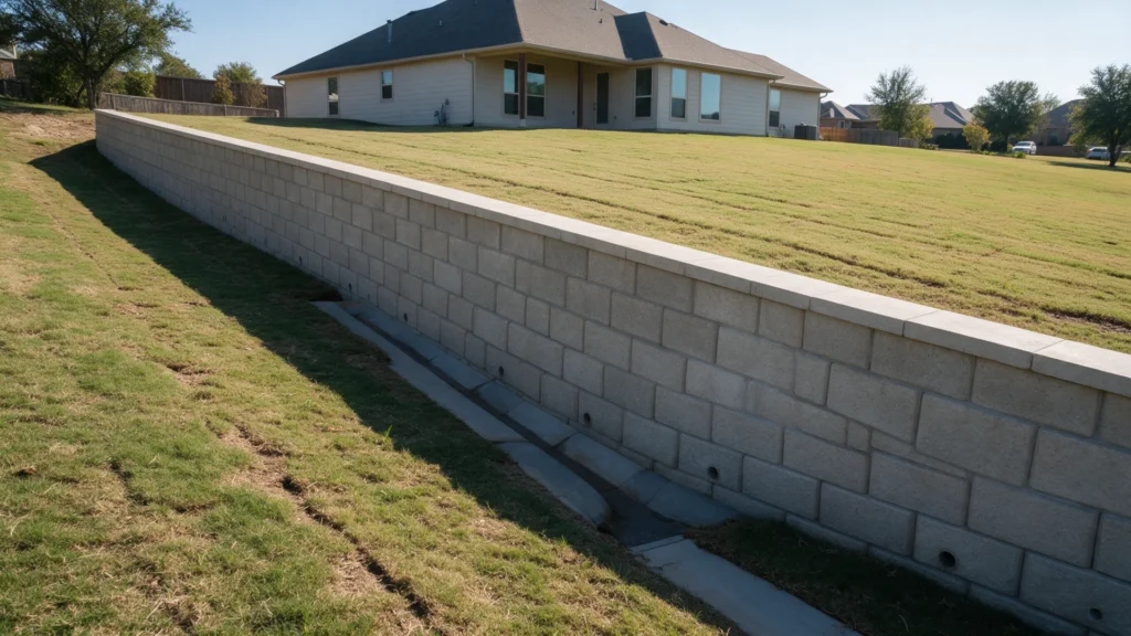 Texas sloped residential site with a professionally built retaining wall, drainage and graded yard visible, realistic civil and landscape project, no text, no l