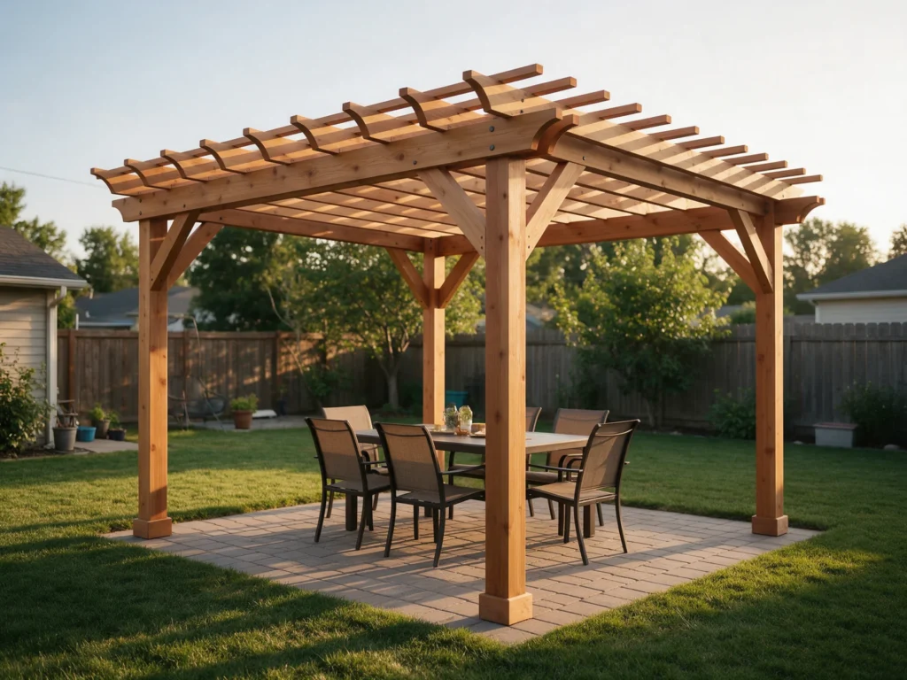 Freestanding cedar wood pergola over a backyard paver patio with outdoor dining table, green lawn, warm evening light, realistic photography, no text, no logos