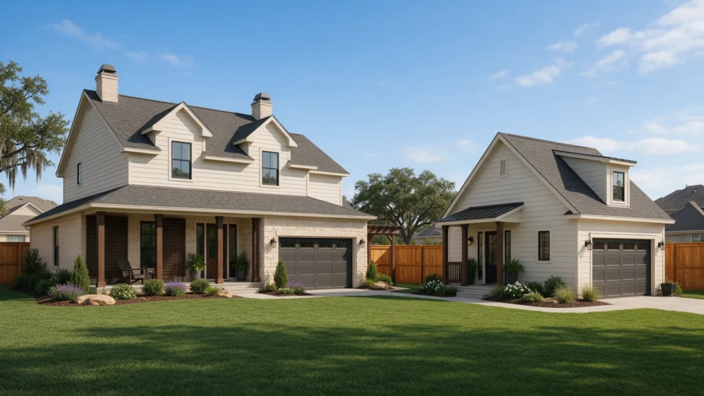 Illustrative detached accessory dwelling unit beside a suburban home