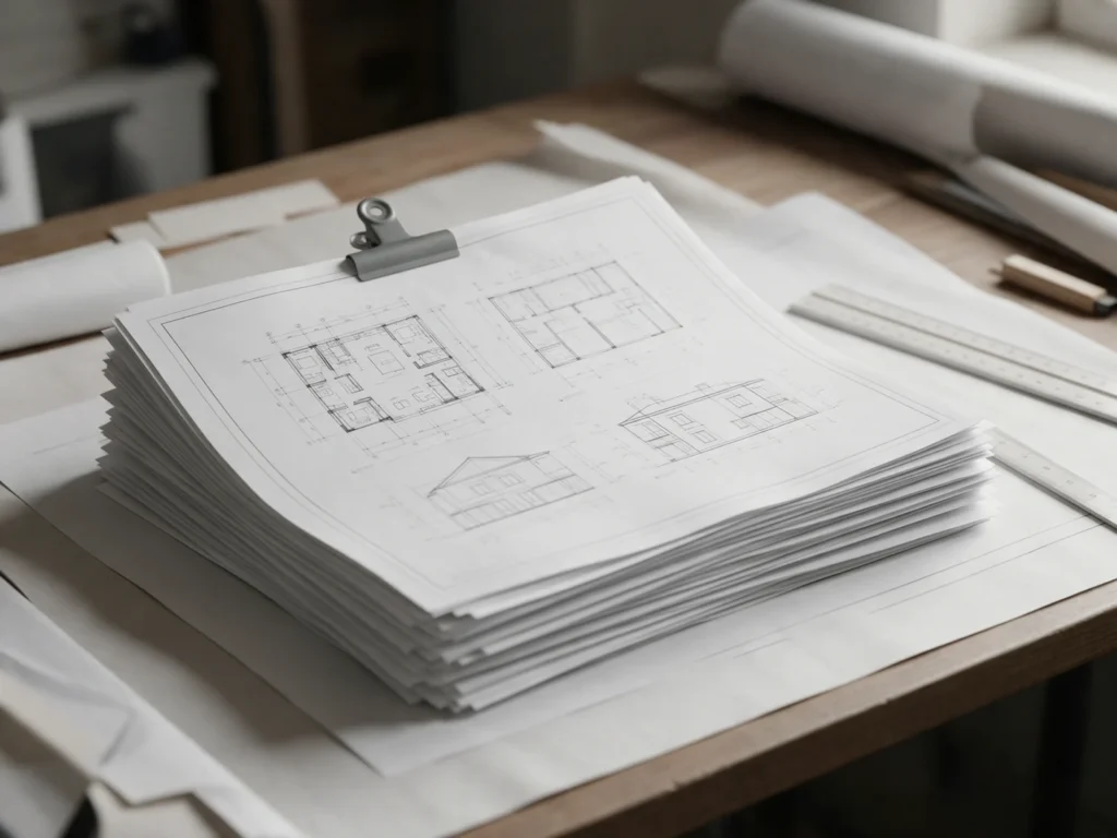 A neatly stacked set of large-format printed construction drawing sheets with floor plans, elevations and sections, bound with a binder clip on a wooden desk, a