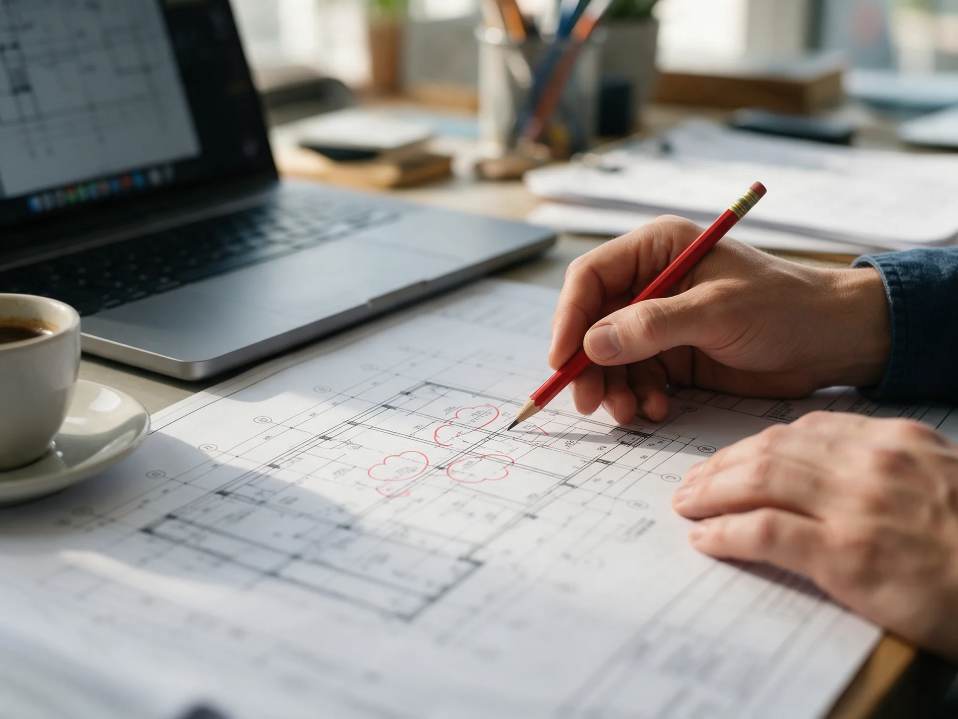 Illustrative image: Close-up of hands marking revisions with a red pencil on a printed construction drawing sheet, revis