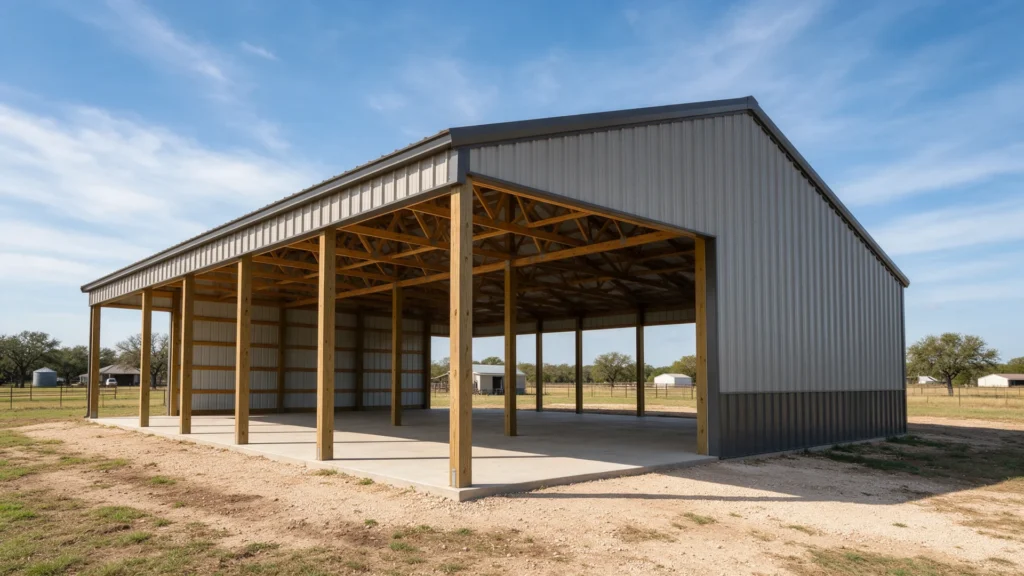 Texas post-frame pole barn on rural acreage, timber posts, roof trusses and open bays visible, realistic agricultural accessory building, no text, no logos