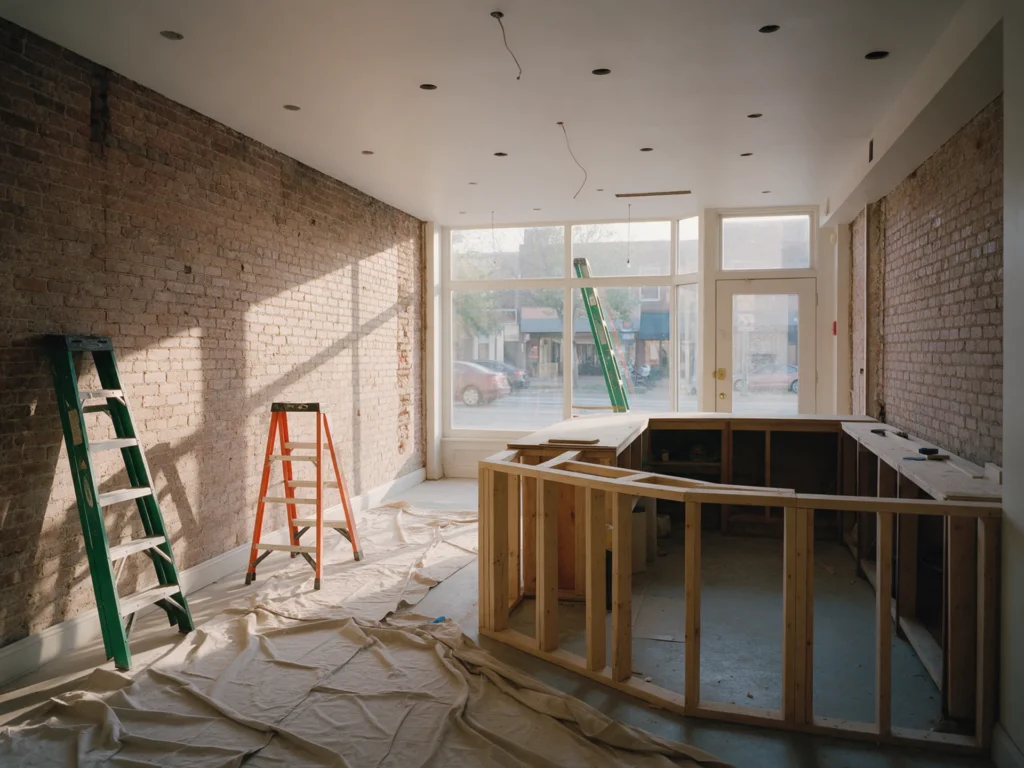 Empty former retail space being converted into a cafe, exposed brick walls, new counter framing, ladders and drop cloths, large front windows, realistic photogr