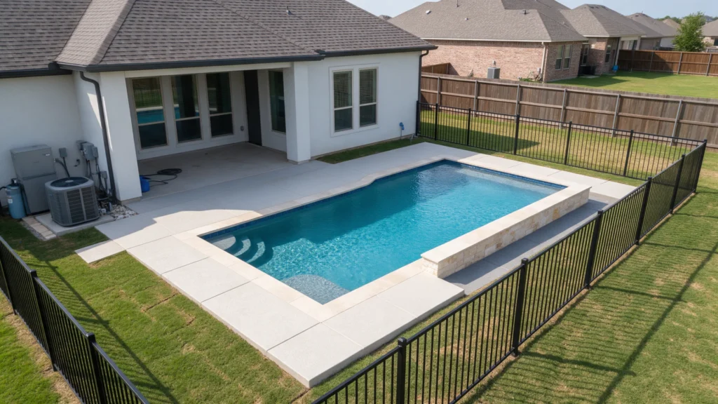 Texas backyard swimming pool project beside a modern single family home, pool deck, equipment area and fence context visible, realistic residential project, no