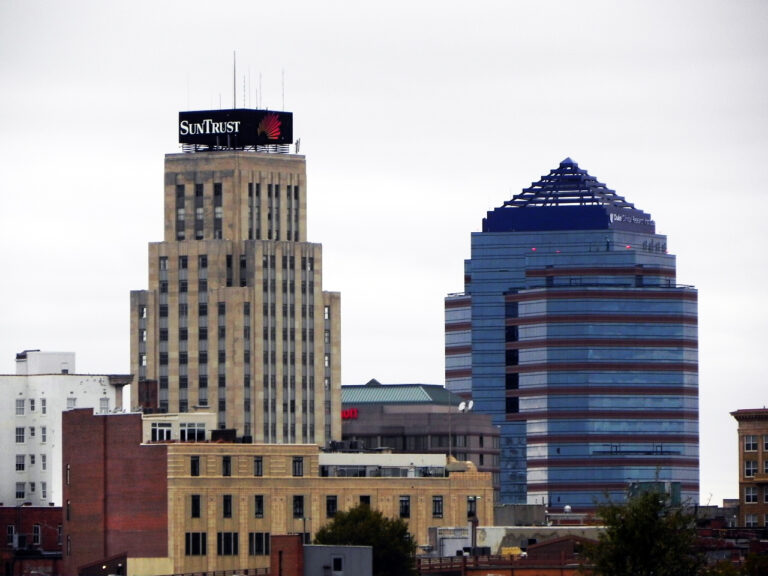 Actual view of downtown Durham North Carolina buildings and skyline