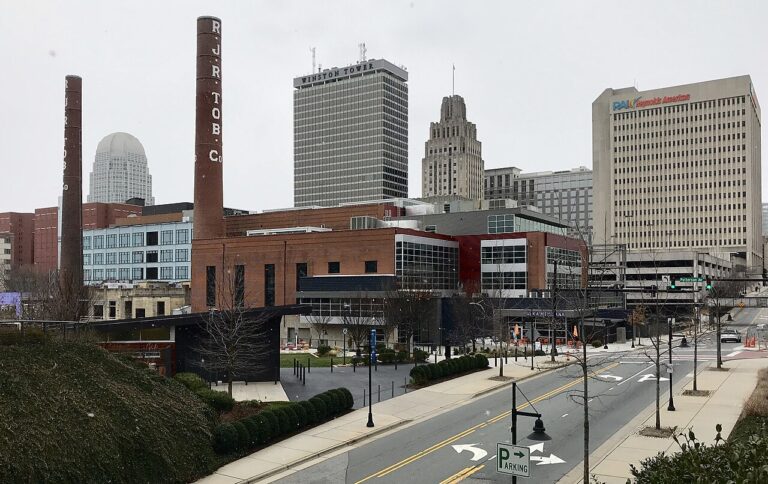 Actual Winston-Salem North Carolina downtown skyline with Bailey Power Plant in foreground