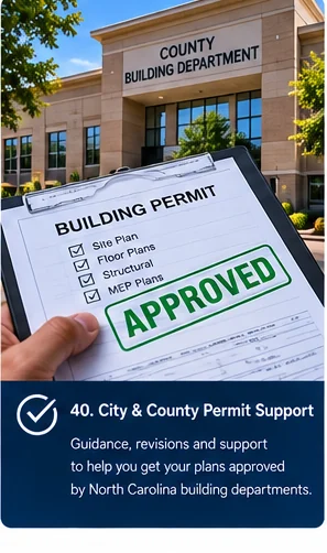 AI-generated conceptual marketing tile: Conceptual permit review imagery with simulated approval stamp