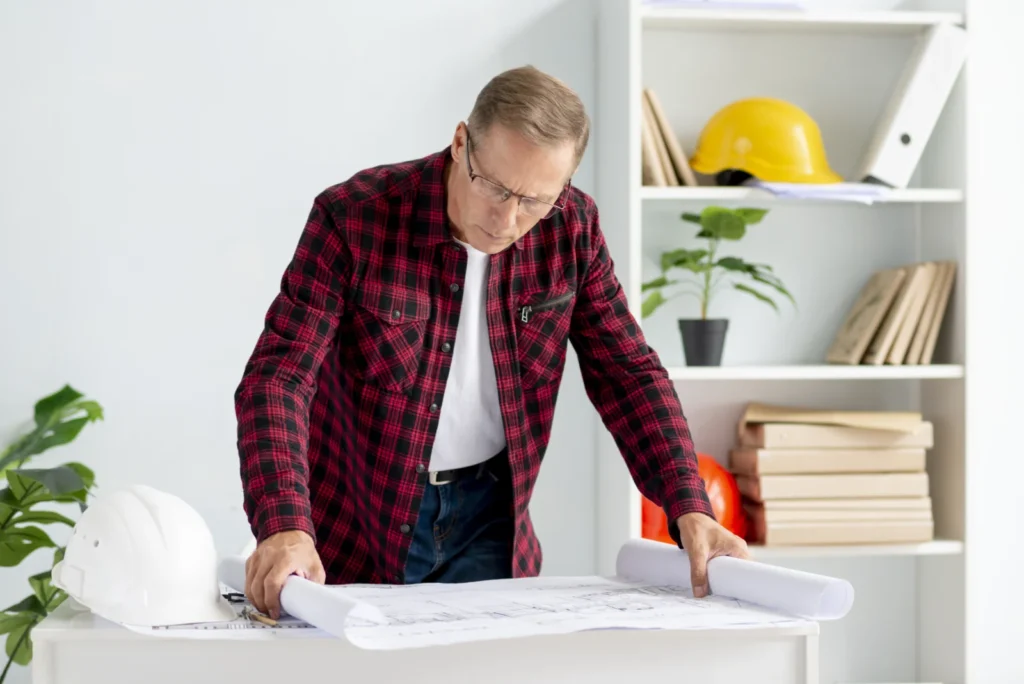 Professional examining printed architectural drawings for a residential design