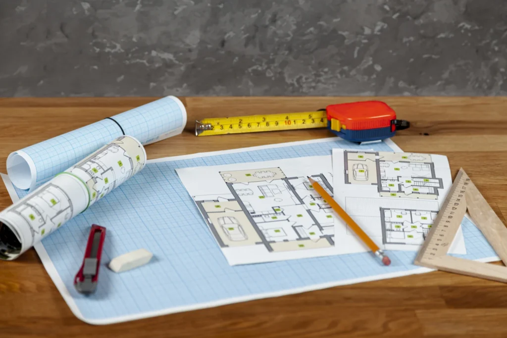 Printed architectural house drawings spread on a work table