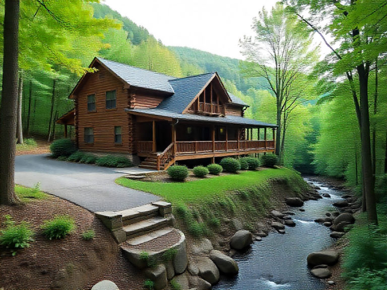 AI-generated illustration of a representative Maggie Valley area property and building plan, not an actual completed client project.
